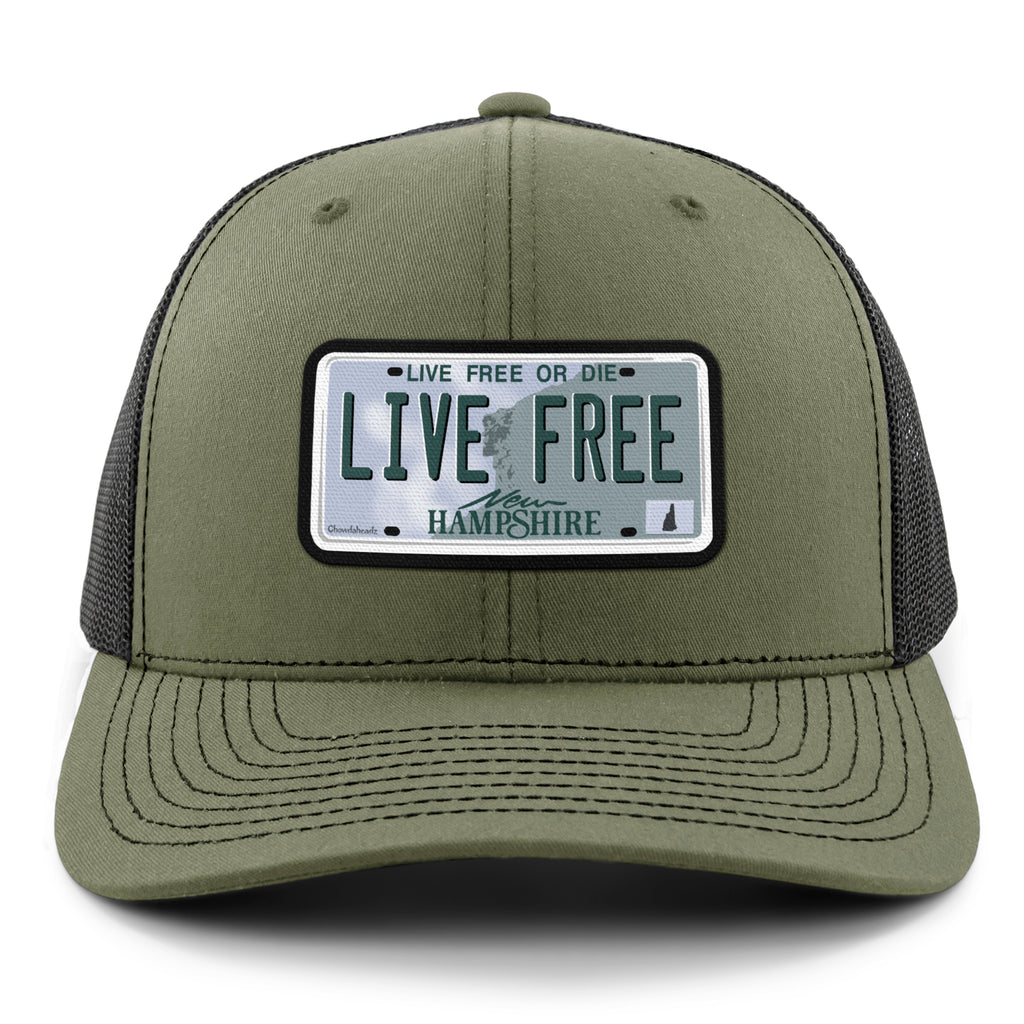 Live Free New Hampshire License Plate Classic Snapback Trucker Hat - Chowdaheadz
