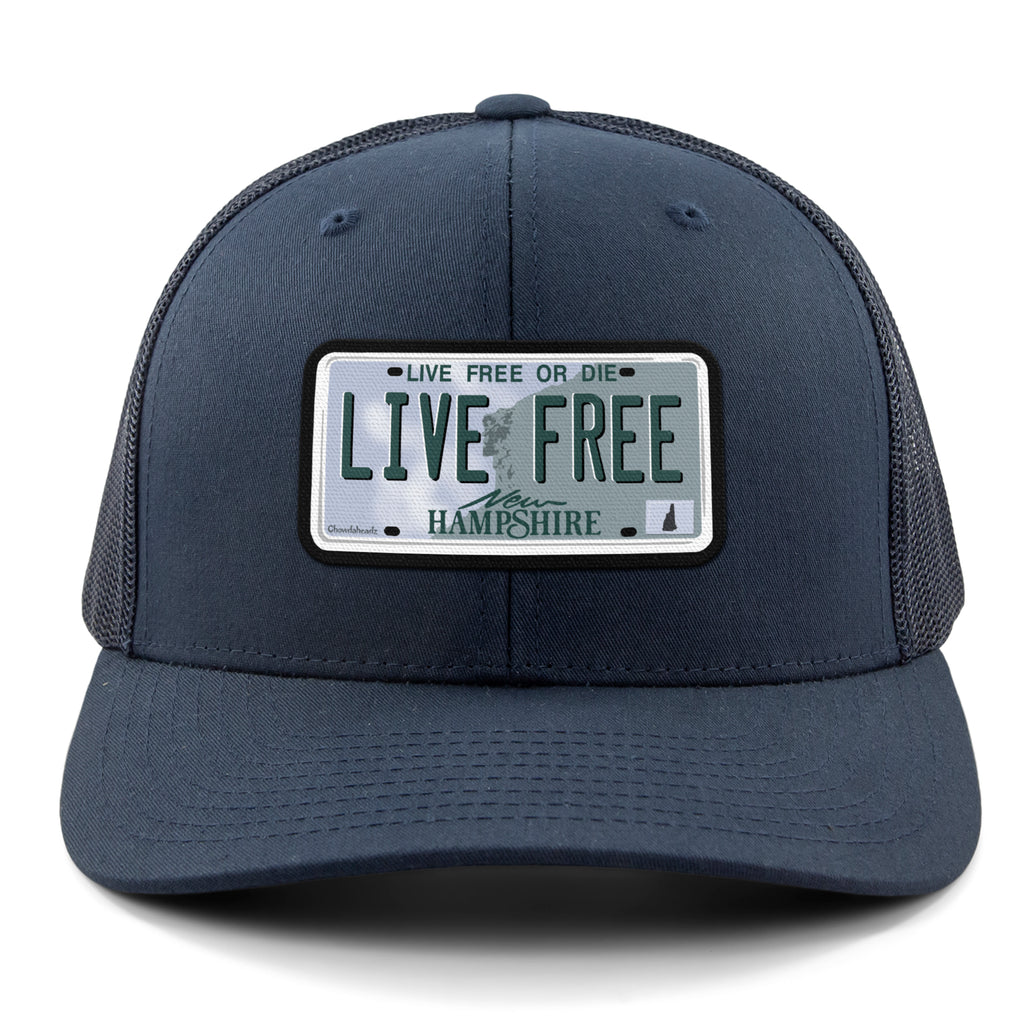 Live Free New Hampshire License Plate Classic Snapback Trucker Hat - Chowdaheadz