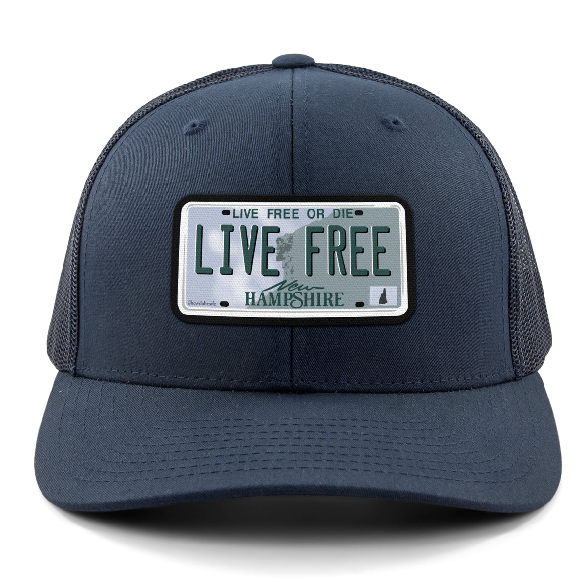 Live Free New Hampshire License Plate Classic Snapback Trucker Hat - Chowdaheadz