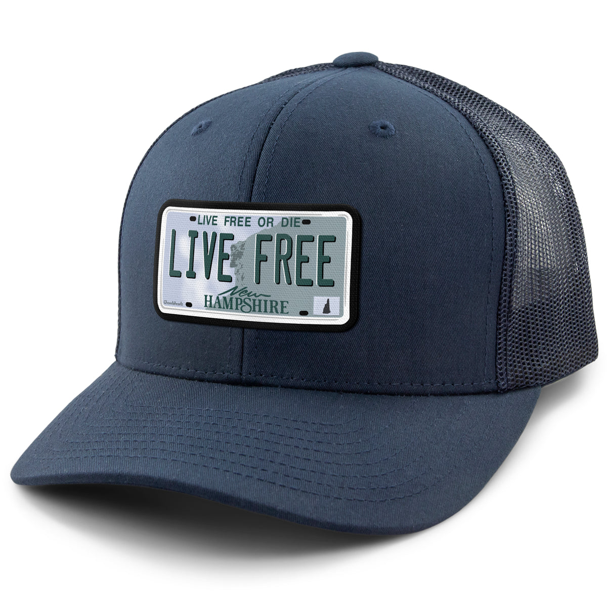 Live Free New Hampshire License Plate Classic Snapback Trucker Hat - Chowdaheadz