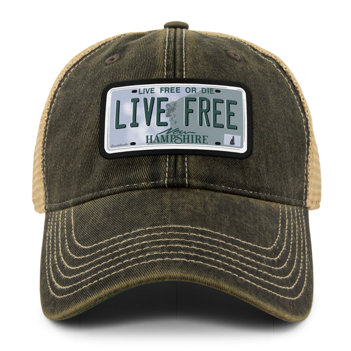 Live Free New Hampshire State License Plate Dirty Water Trucker Hat - Chowdaheadz