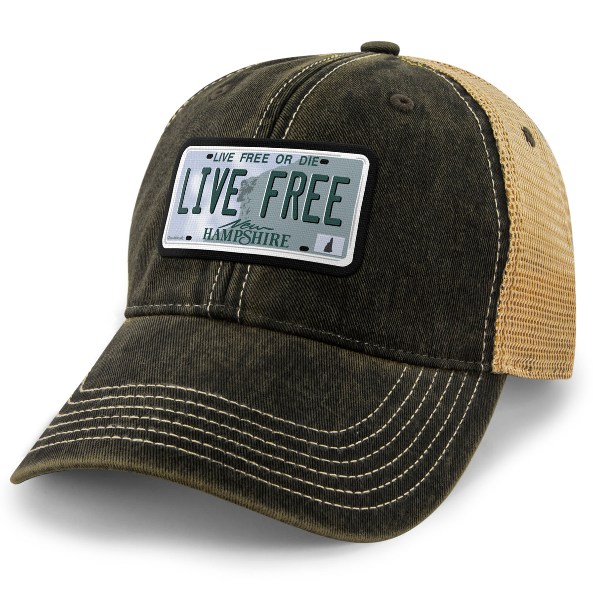 Live Free New Hampshire State License Plate Dirty Water Trucker Hat - Chowdaheadz