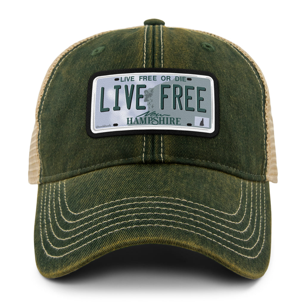 Live Free New Hampshire State License Plate Dirty Water Trucker Hat - Chowdaheadz