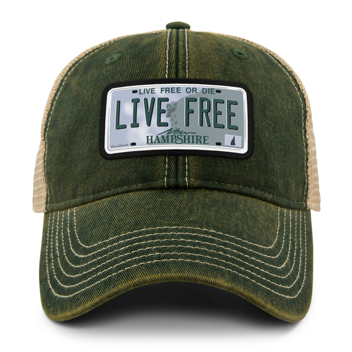 Live Free New Hampshire State License Plate Dirty Water Trucker Hat - Chowdaheadz