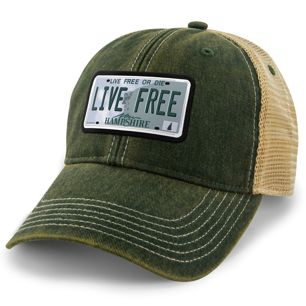Live Free New Hampshire State License Plate Dirty Water Trucker Hat - Chowdaheadz