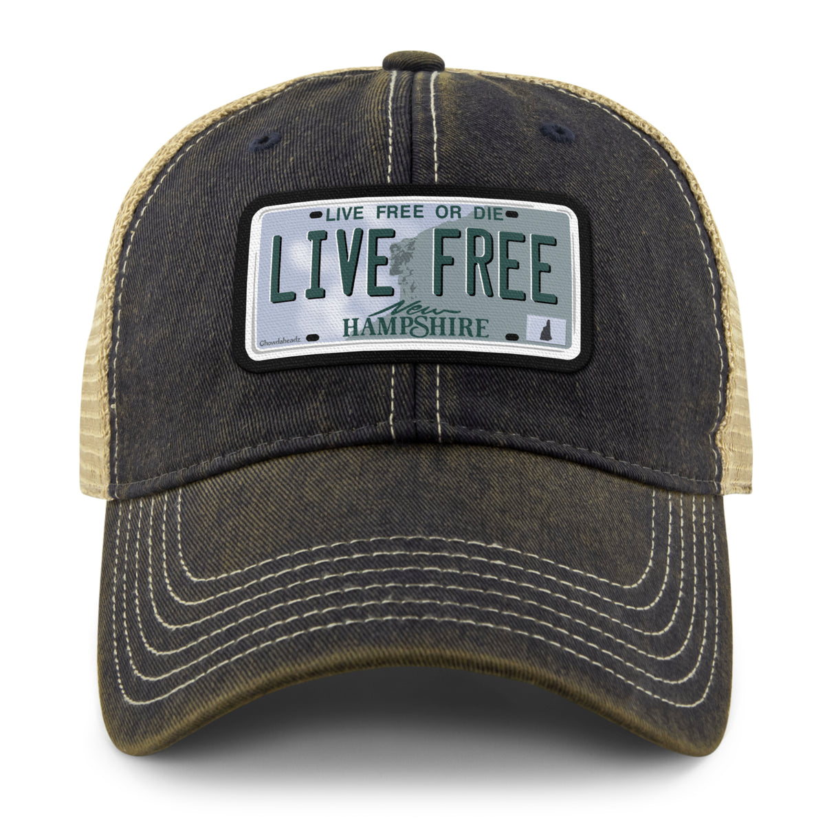 Live Free New Hampshire State License Plate Dirty Water Trucker Hat - Chowdaheadz