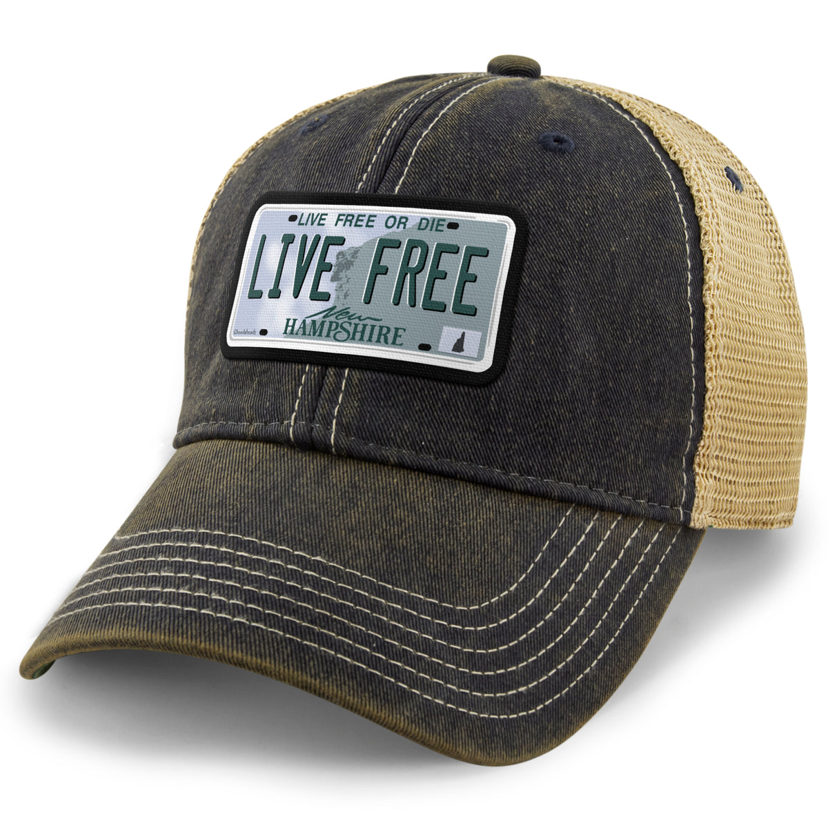 Live Free New Hampshire State License Plate Dirty Water Trucker Hat - Chowdaheadz