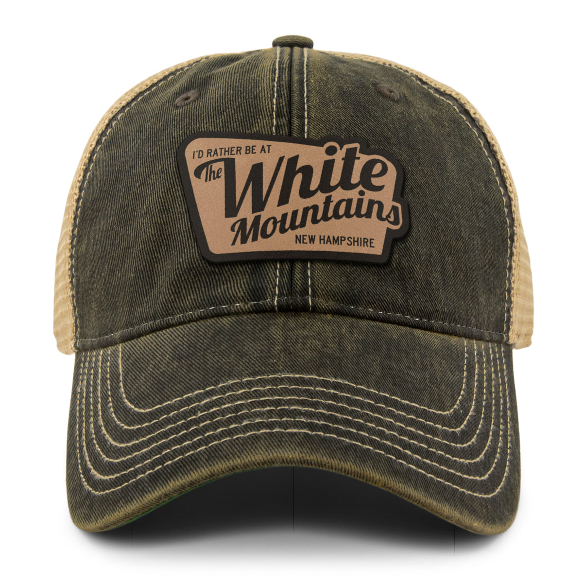 I'd Rather Be At White Mountains NH Leather Patch Dirty Water Trucker Hat - Chowdaheadz