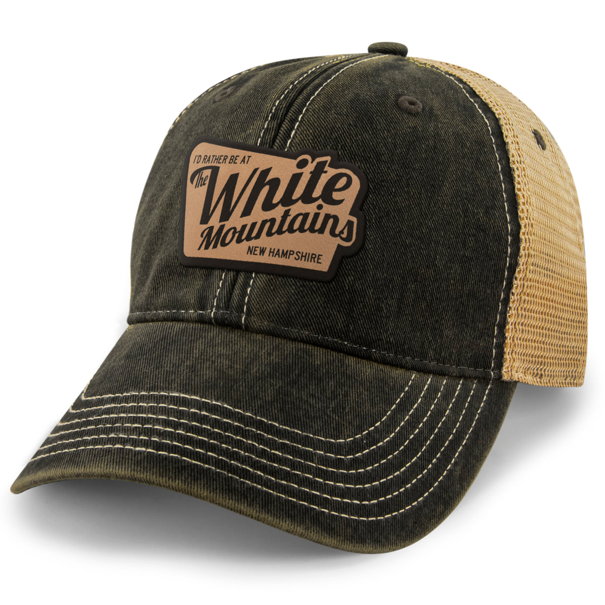 I'd Rather Be At White Mountains NH Leather Patch Dirty Water Trucker Hat - Chowdaheadz