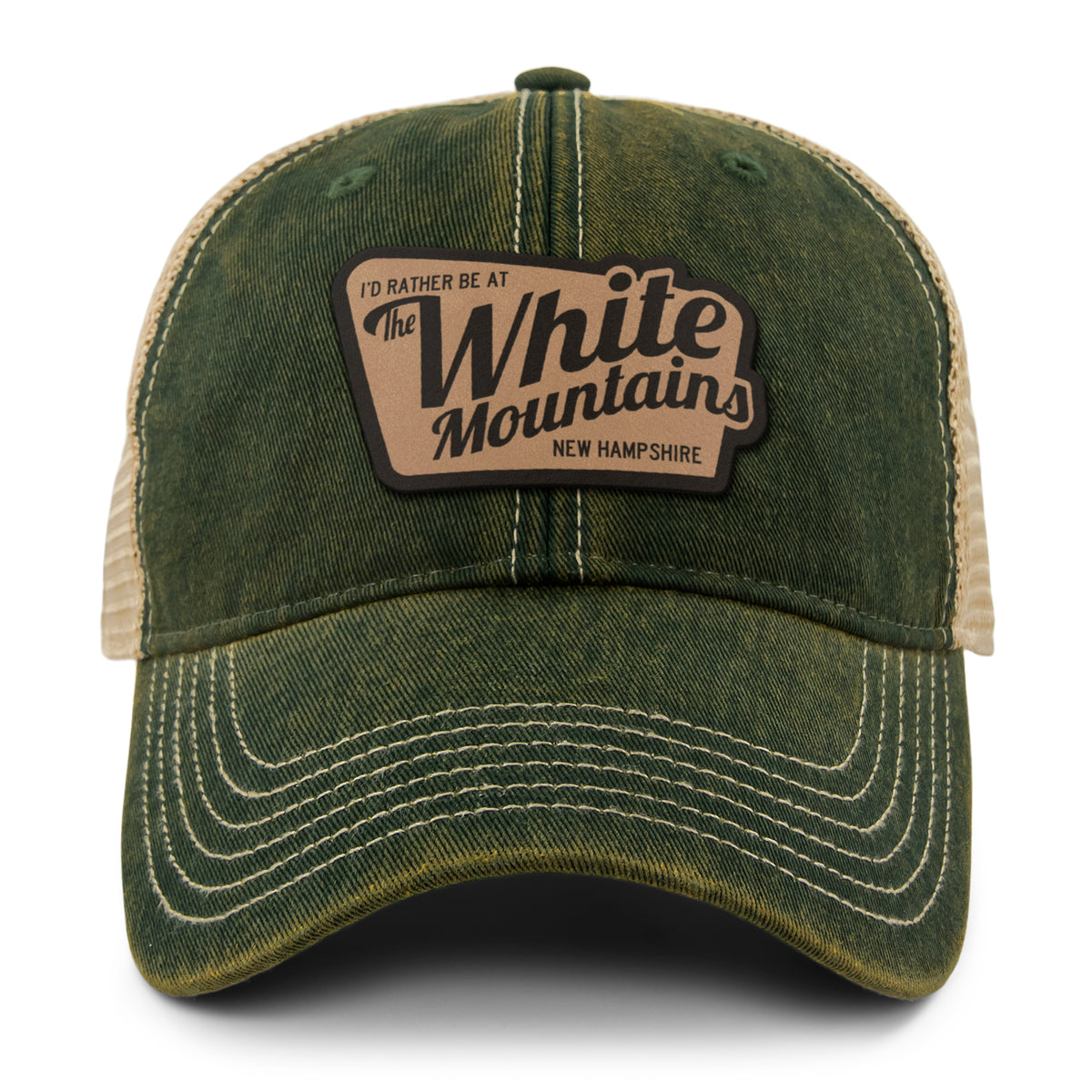 I'd Rather Be At White Mountains NH Leather Patch Dirty Water Trucker Hat - Chowdaheadz