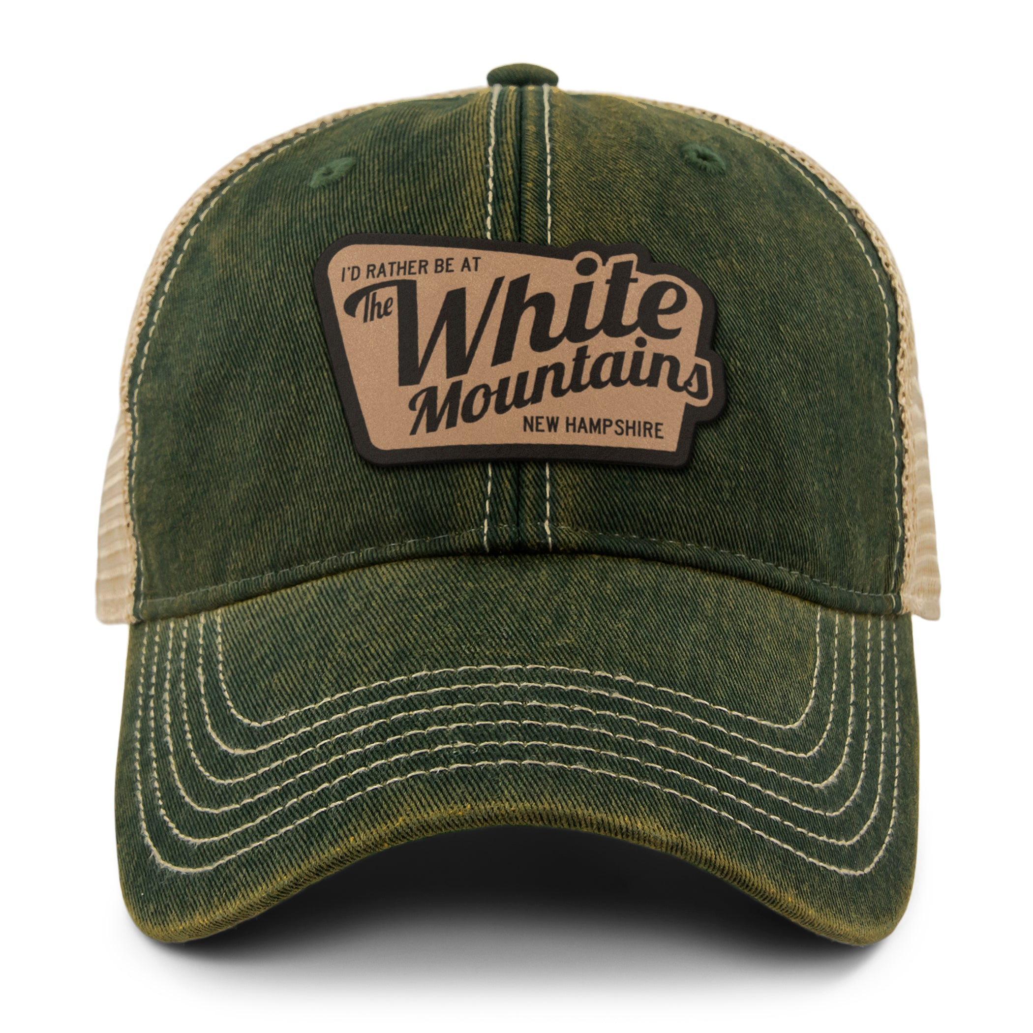 I'd Rather Be At White Mountains NH Leather Patch Dirty Water Trucker Hat