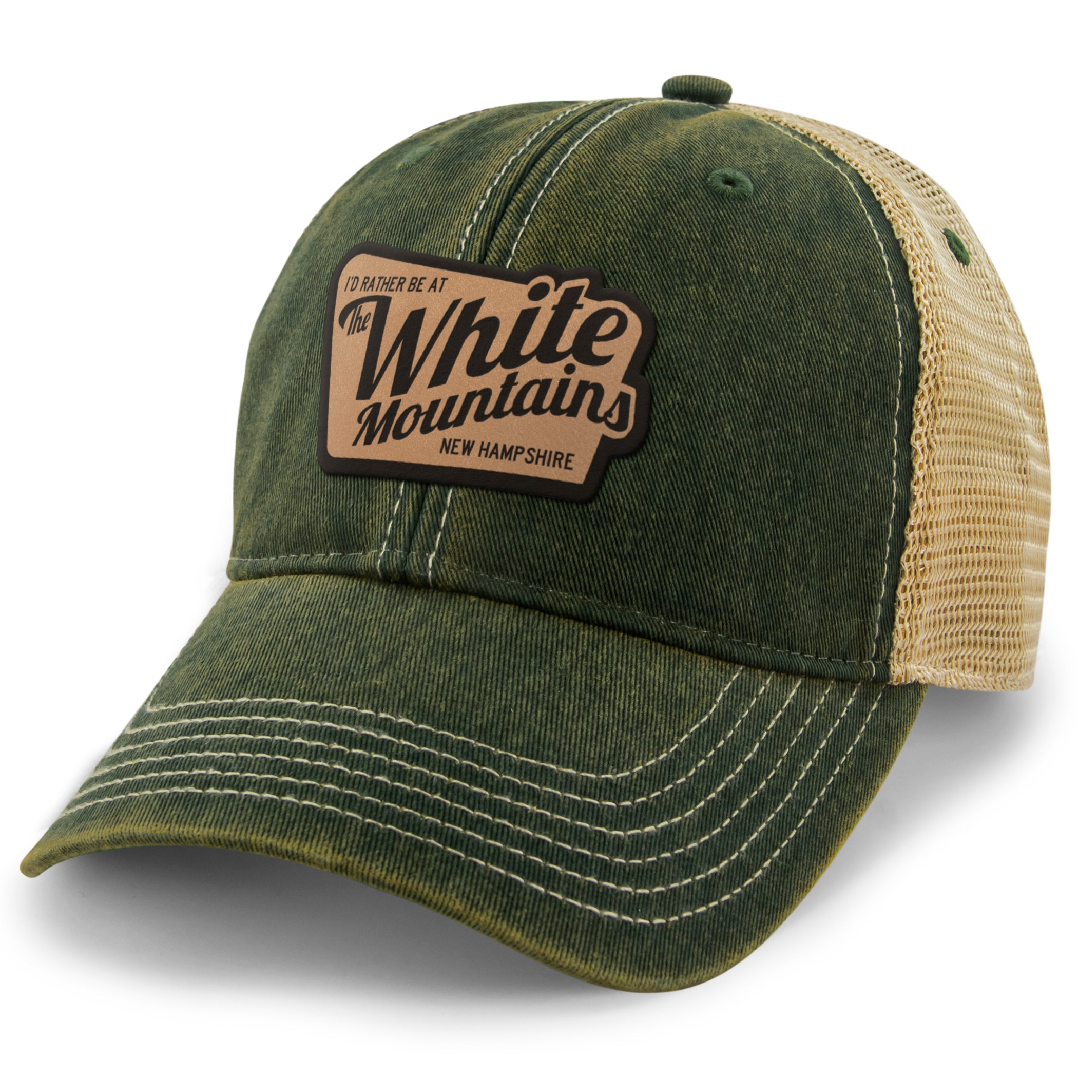 I'd Rather Be At White Mountains NH Leather Patch Dirty Water Trucker Hat