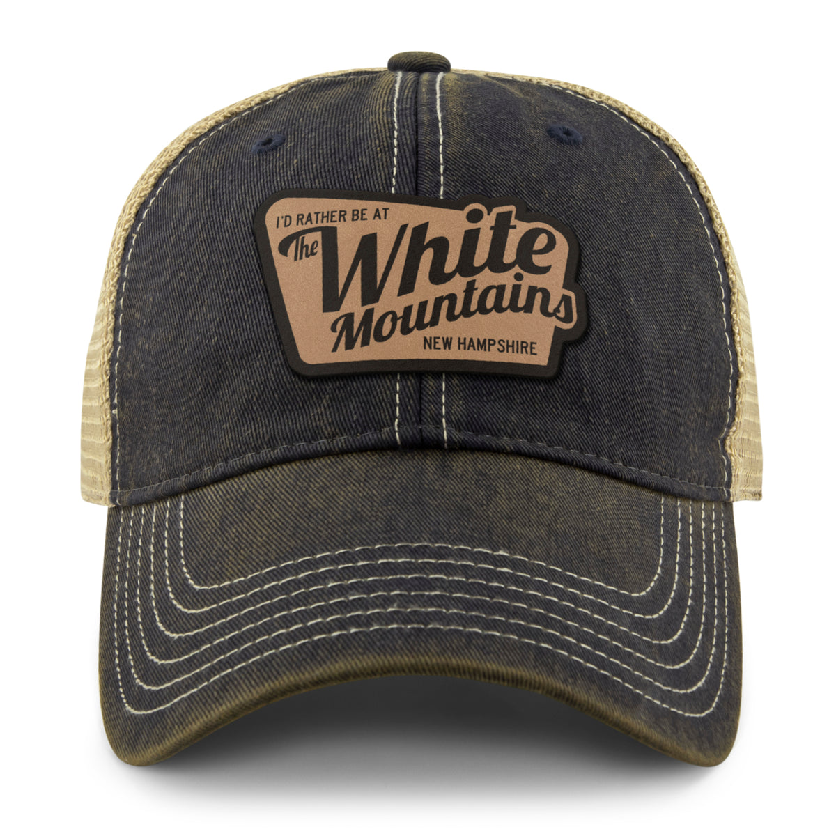 I'd Rather Be At White Mountains NH Leather Patch Dirty Water Trucker Hat - Chowdaheadz