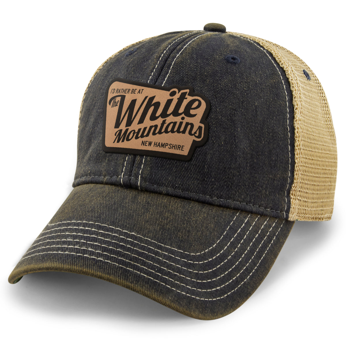 I'd Rather Be At White Mountains NH Leather Patch Dirty Water Trucker Hat - Chowdaheadz