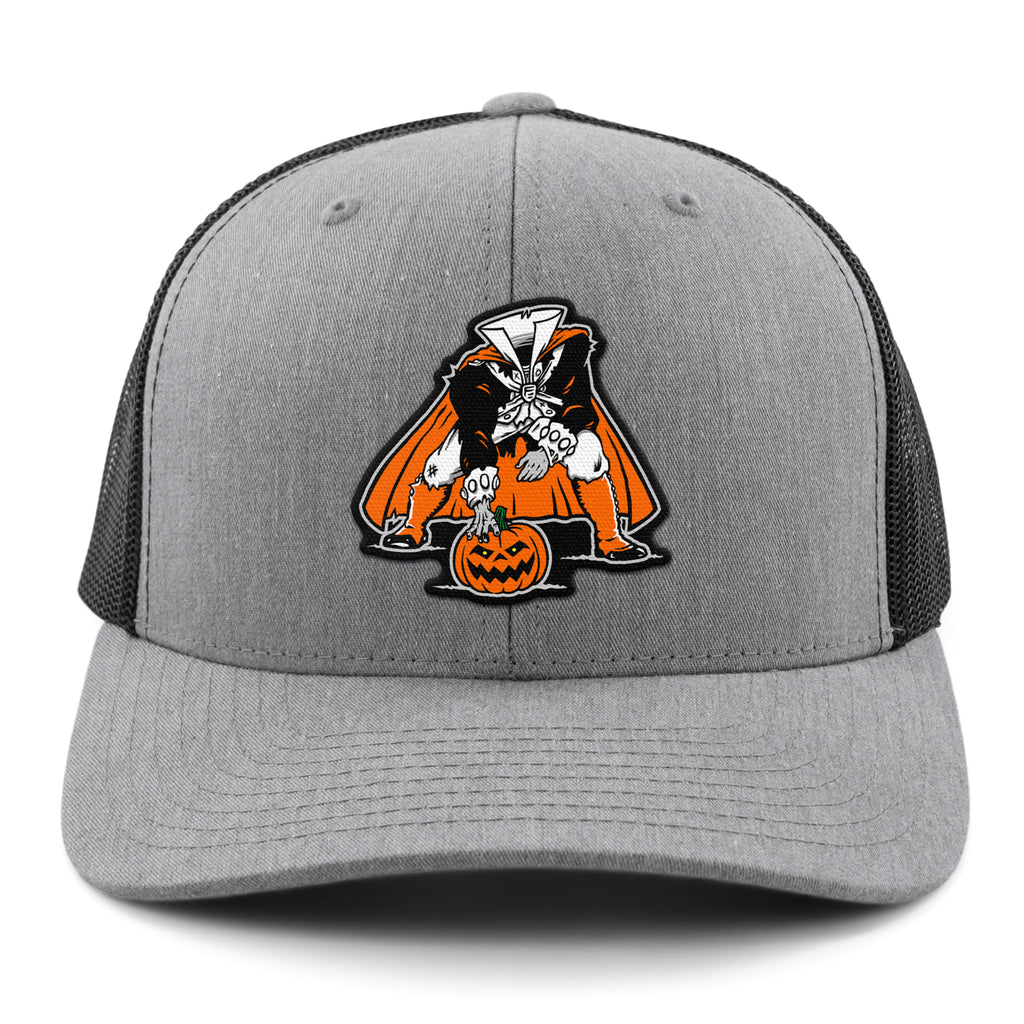 Three Point Stance Headless Horseman Classic Snapback Trucker Hat — front view in Gray