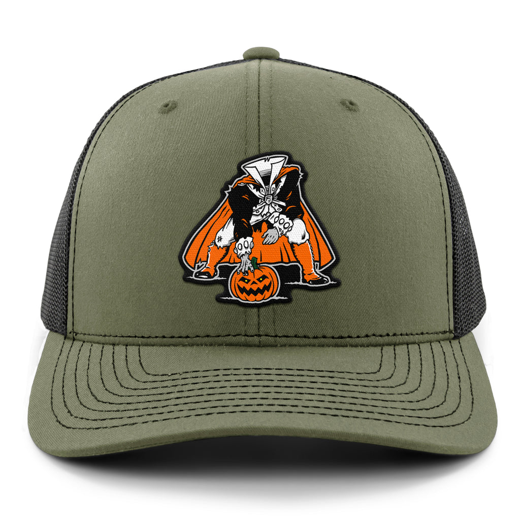 Three Point Stance Headless Horseman Classic Snapback Trucker Hat — front view in Military Green