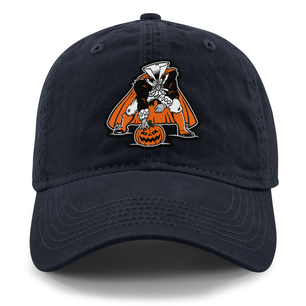 Three Point Stance Headless Horseman Dad Hat — front view in Navy