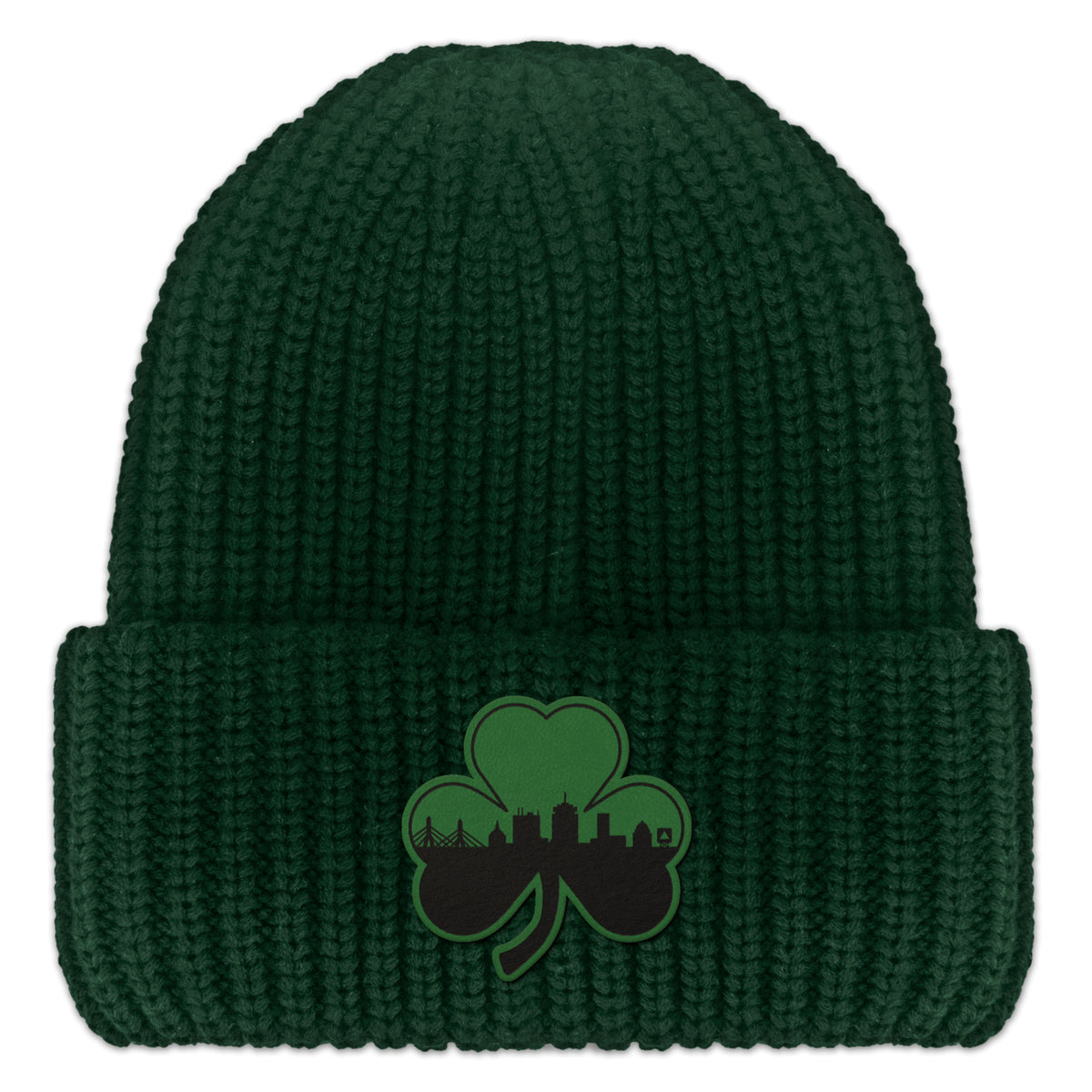 Green Tonal Shamrock Boston Skyline Chunky Knit Winter Hat - Chowdaheadz