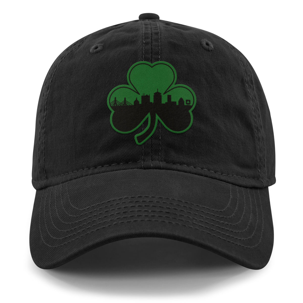 Green Tonal Shamrock Boston Skyline Dad Hat - Chowdaheadz