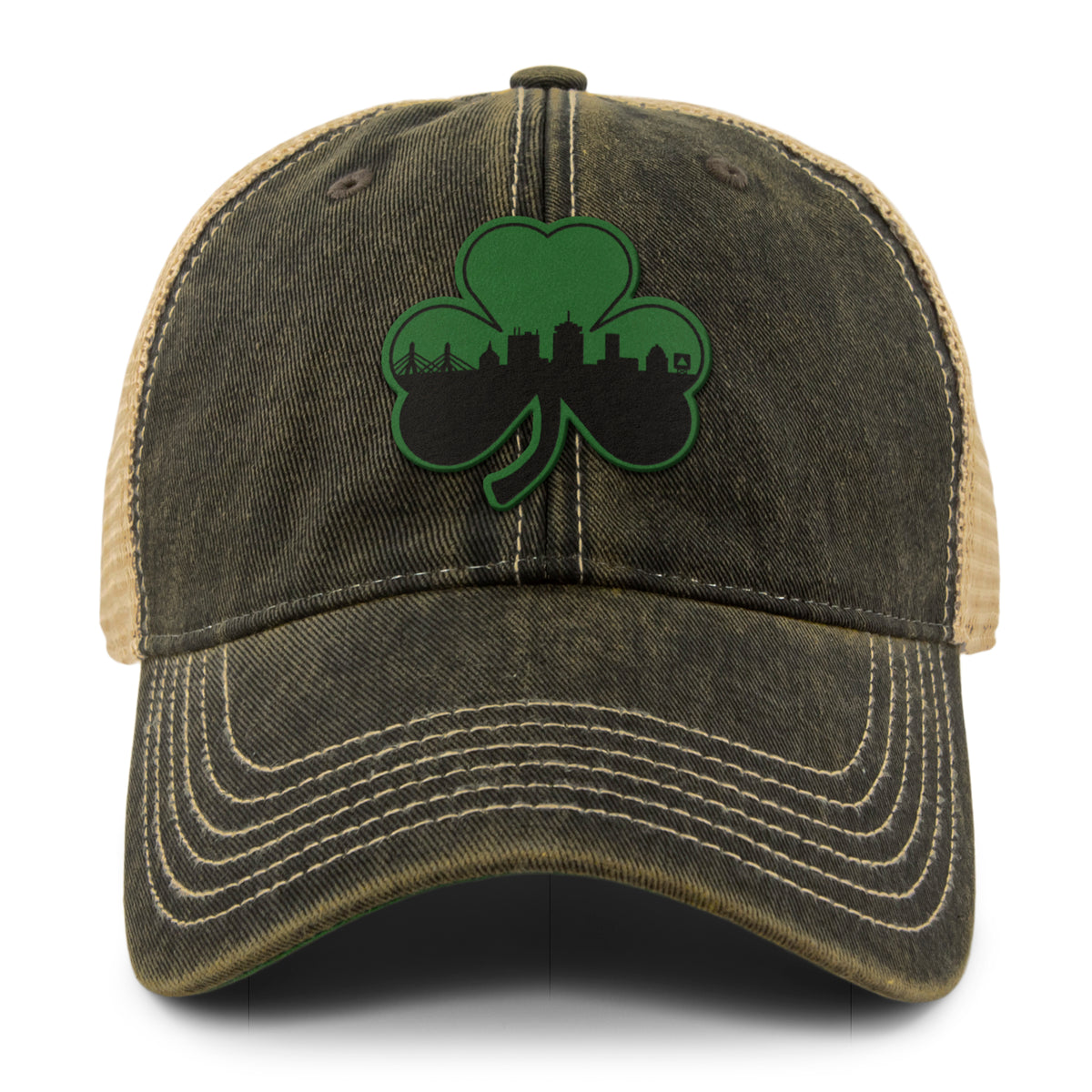 Green Tonal Shamrock Boston Skyline Dirty Water Trucker Hat - Chowdaheadz
