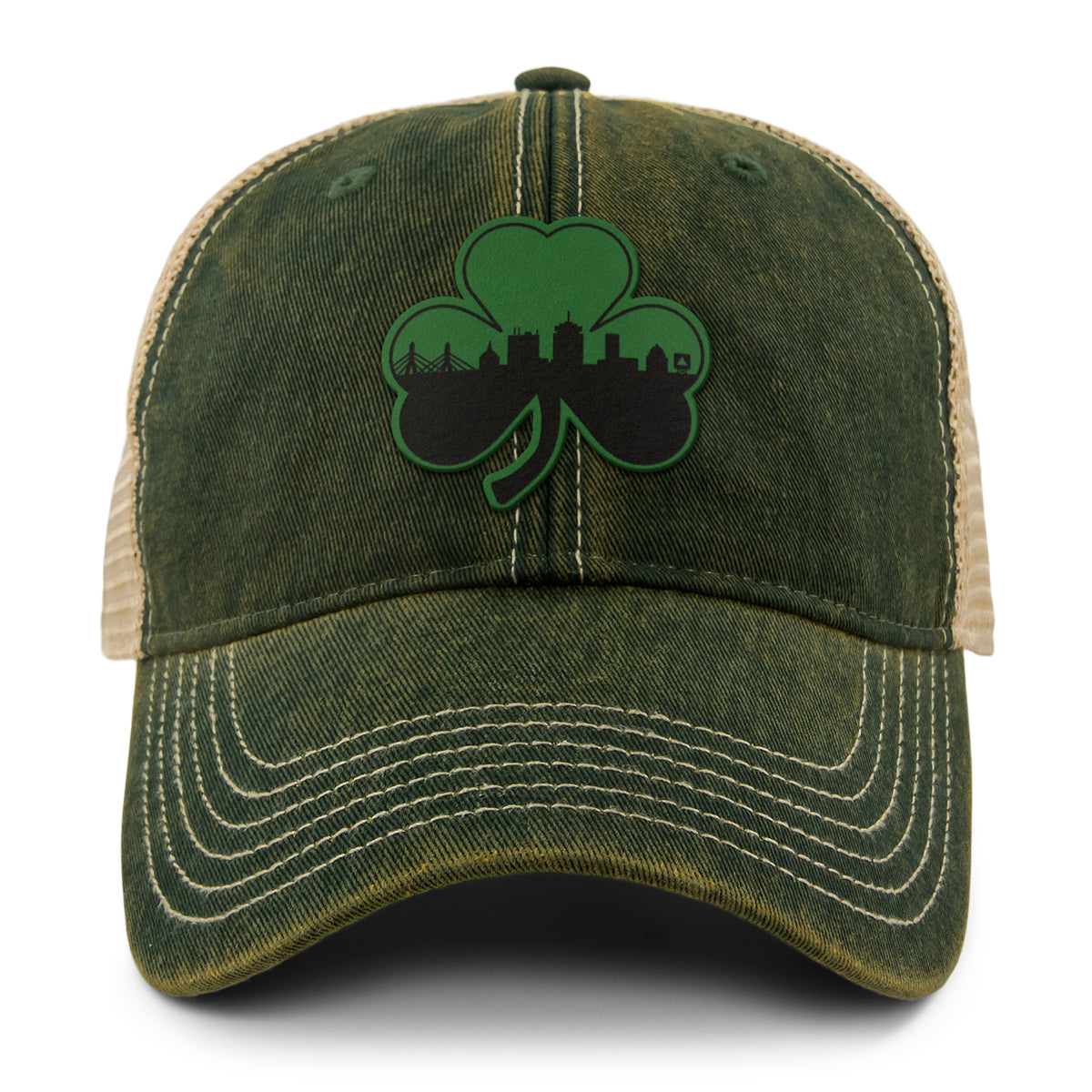 Green Tonal Shamrock Boston Skyline Dirty Water Trucker Hat - Chowdaheadz