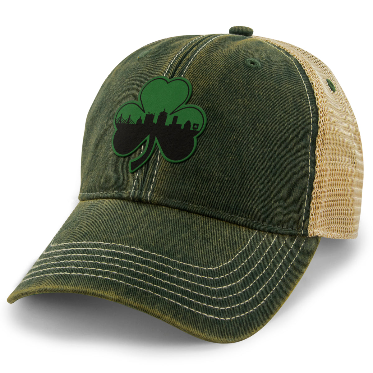 Green Tonal Shamrock Boston Skyline Dirty Water Trucker Hat - Chowdaheadz