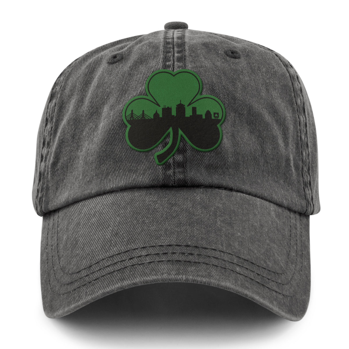 Green Tonal Shamrock Boston Skyline Washed Dad Hat - Chowdaheadz