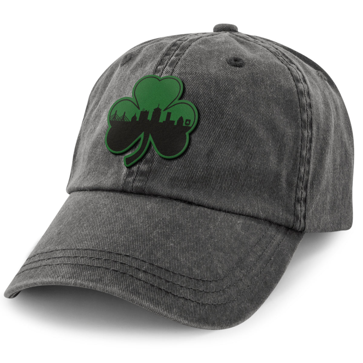 Green Tonal Shamrock Boston Skyline Washed Dad Hat - Chowdaheadz