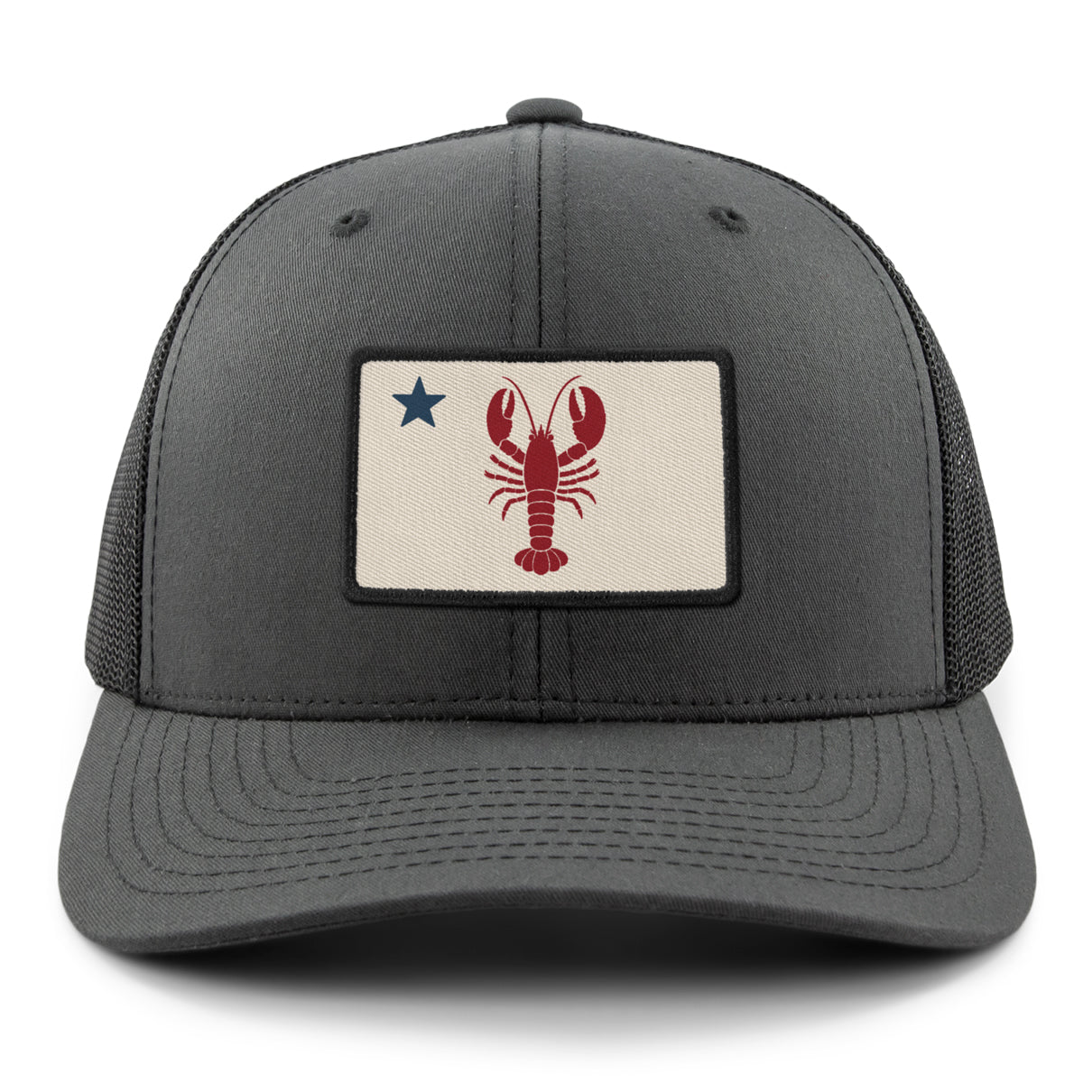 Front of charcoal Maine Lobster Flag snapback trucker with lobster-and-star Maine flag patch