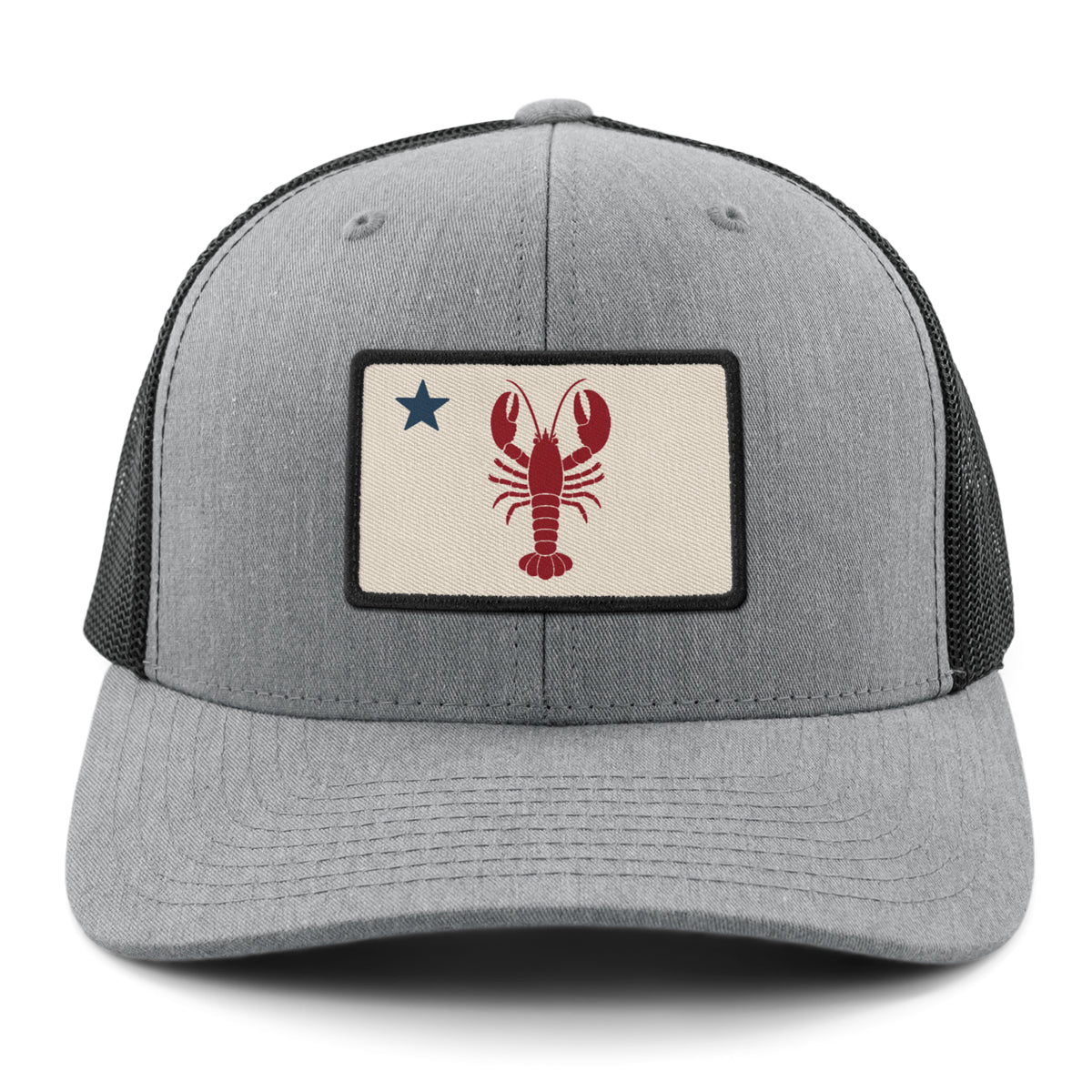 Front of gray Maine Lobster Flag snapback trucker with lobster-and-star Maine flag patch