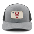 Front of gray Maine Lobster Flag snapback trucker with lobster-and-star Maine flag patch