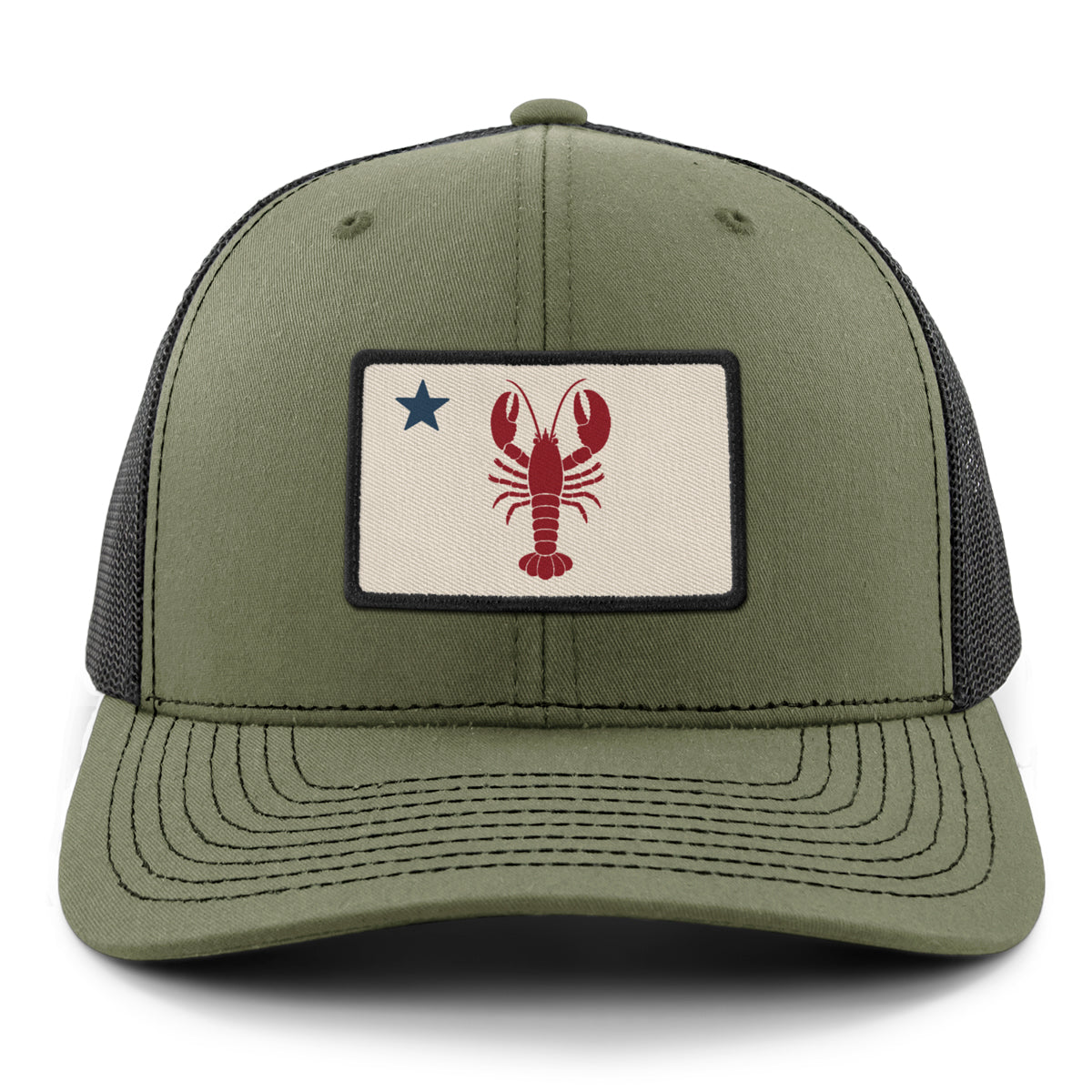 Front of military green Maine Lobster Flag snapback trucker with lobster-and-star Maine flag patch