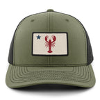 Front of military green Maine Lobster Flag snapback trucker with lobster-and-star Maine flag patch