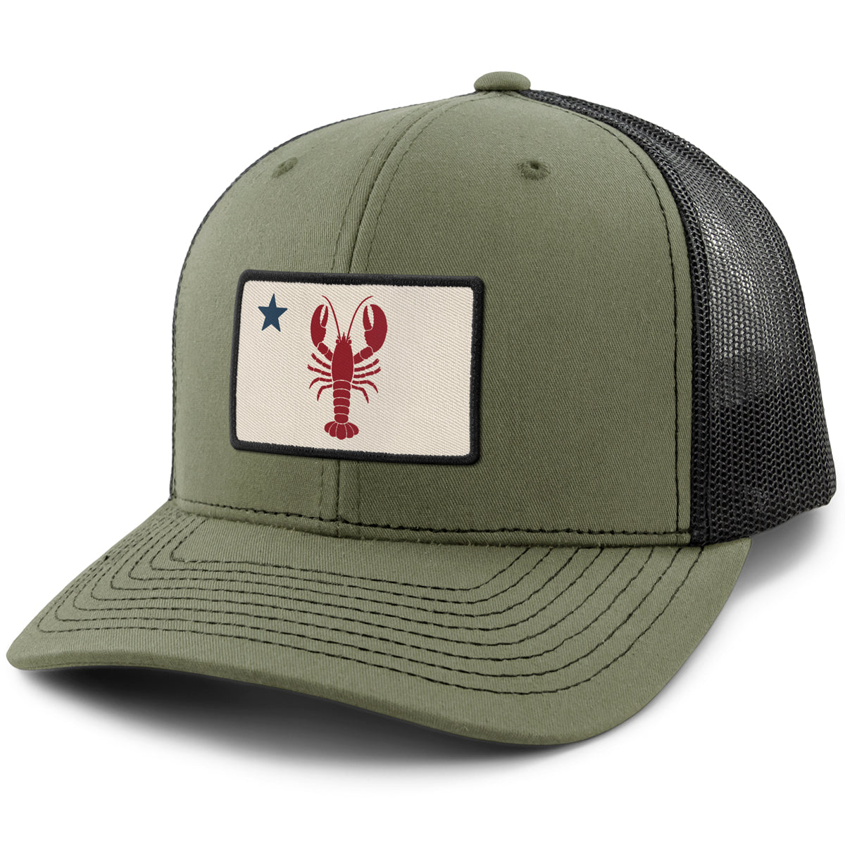 Maine Lobster Flag classic snapback trucker in military green — nautical Maine flag patch