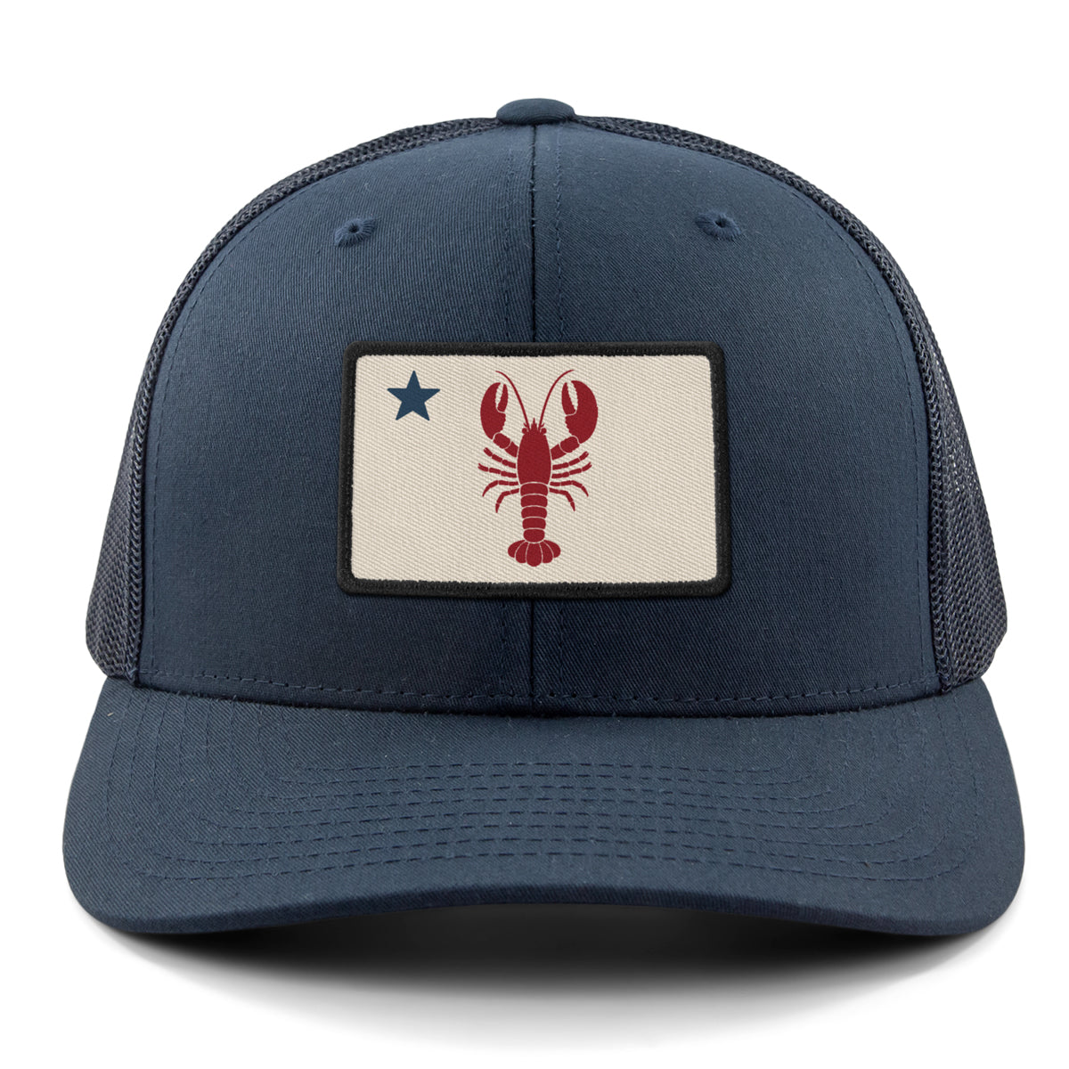 Front of navy Maine Lobster Flag snapback trucker with lobster-and-star Maine flag patch