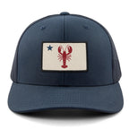 Front of navy Maine Lobster Flag snapback trucker with lobster-and-star Maine flag patch