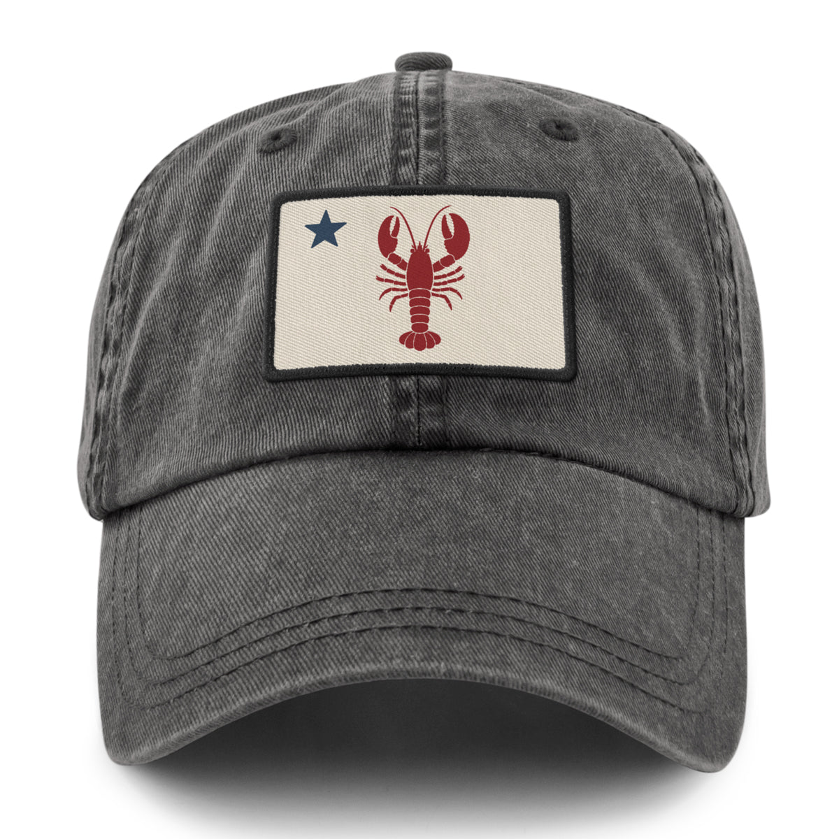 Front of charcoal Maine Lobster Flag washed dad hat with lobster-and-star Maine flag patch