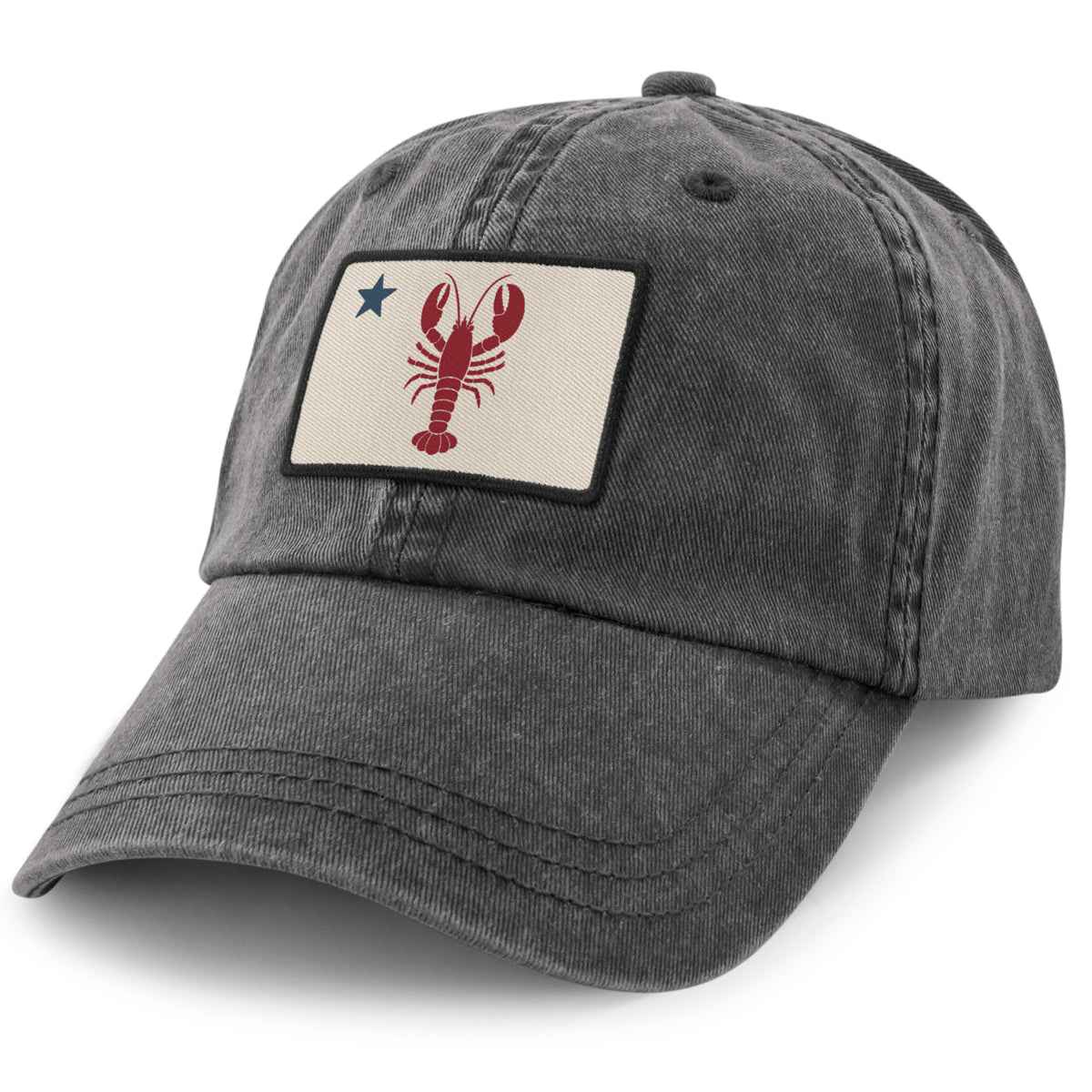 Maine Lobster Flag washed dad hat in charcoal — nautical Maine flag patch, pigment-dyed