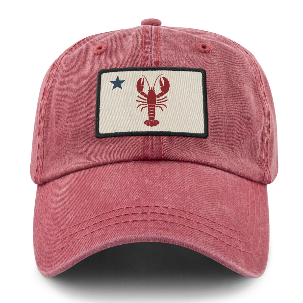 Front of cardinal Maine Lobster Flag washed dad hat with lobster-and-star Maine flag patch