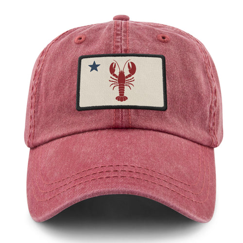 Front of cardinal Maine Lobster Flag washed dad hat with lobster-and-star Maine flag patch