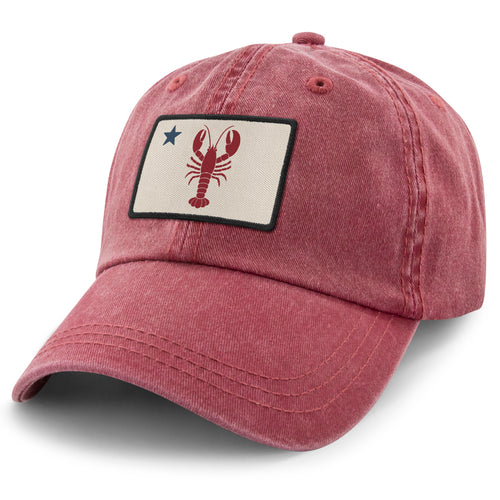 Maine Lobster Flag washed dad hat in cardinal — nautical Maine flag patch, pigment-dyed