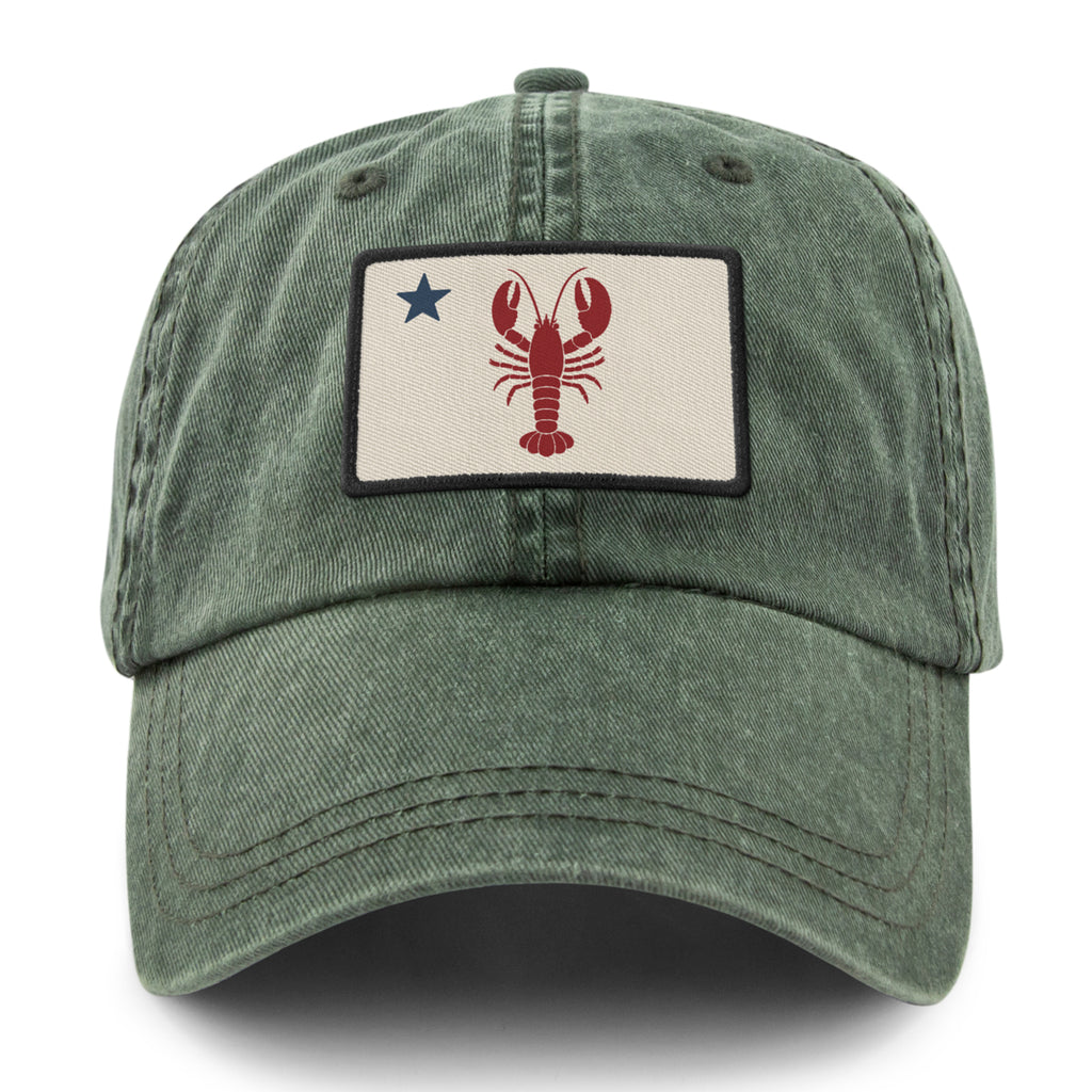 Front of dark green Maine Lobster Flag washed dad hat with lobster-and-star Maine flag patch