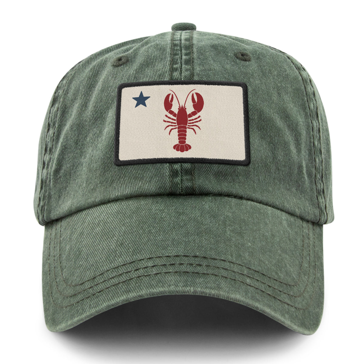 Front of dark green Maine Lobster Flag washed dad hat with lobster-and-star Maine flag patch