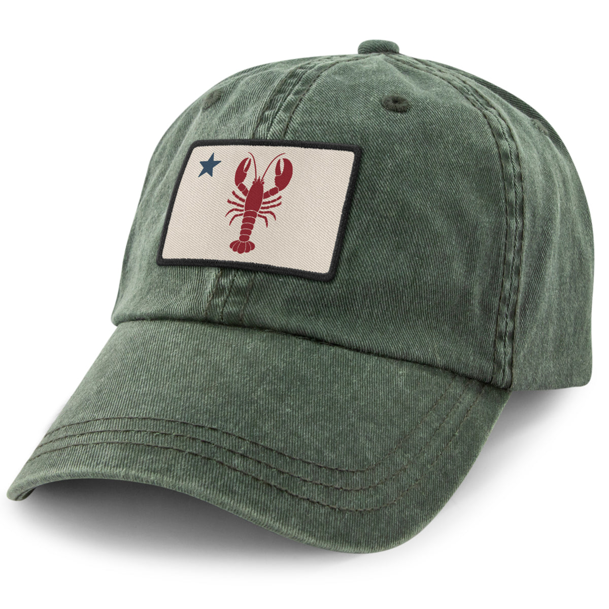 Maine Lobster Flag washed dad hat in dark green — nautical Maine flag patch, pigment-dyed