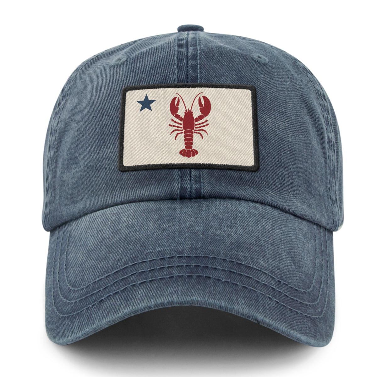 Front of navy Maine Lobster Flag washed dad hat with lobster-and-star Maine flag patch