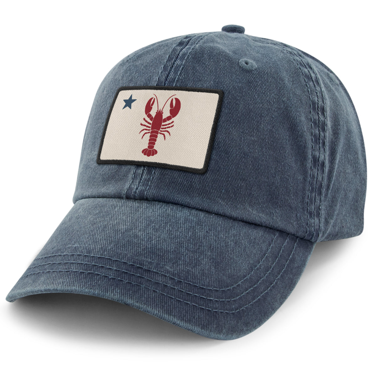 Maine Lobster Flag washed dad hat in navy — nautical Maine flag patch, pigment-dyed