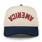 Front view of America Upside Down Arch retro snapback — upside-down arch design detail
