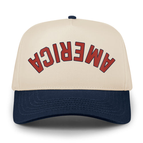 Front view of America Upside Down Arch retro snapback — upside-down arch design detail