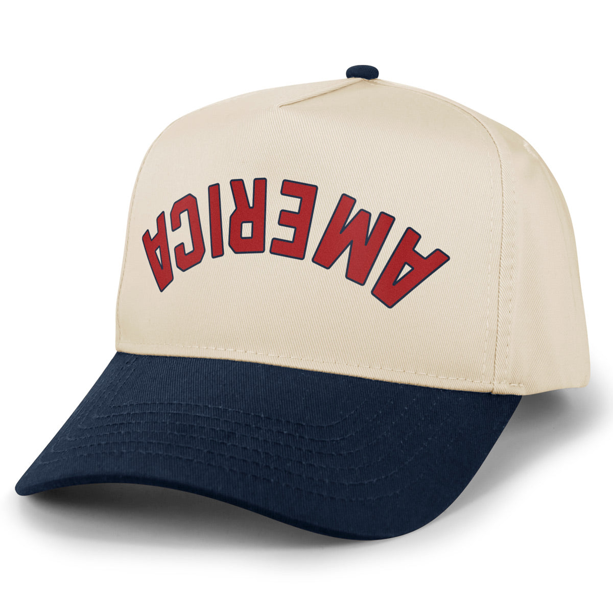 America Upside Down Arch retro snapback hat in navy with stone visor — funny patriotic hat