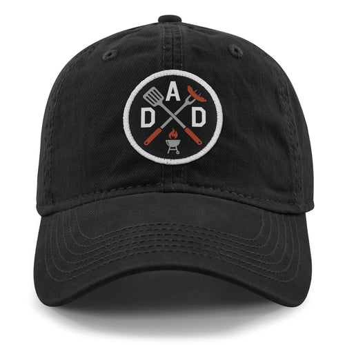 White dad hat with DAD Grilling printed twill patch on front